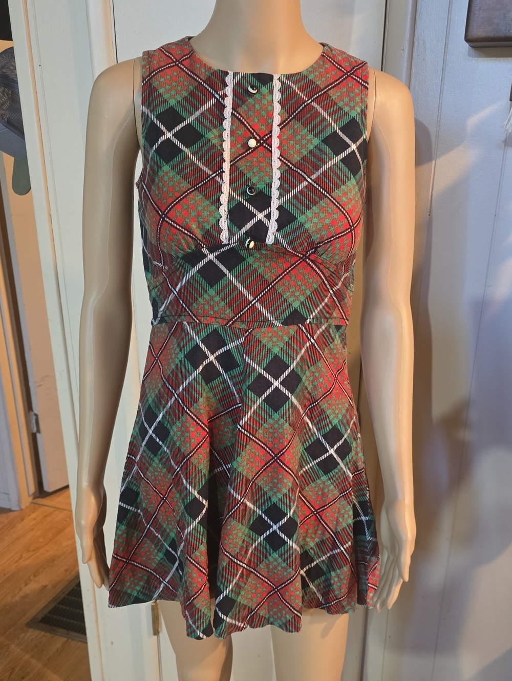Vintage 60's Nancy B Sleeveless Plaid Fit & Flare Dress in Red and Green